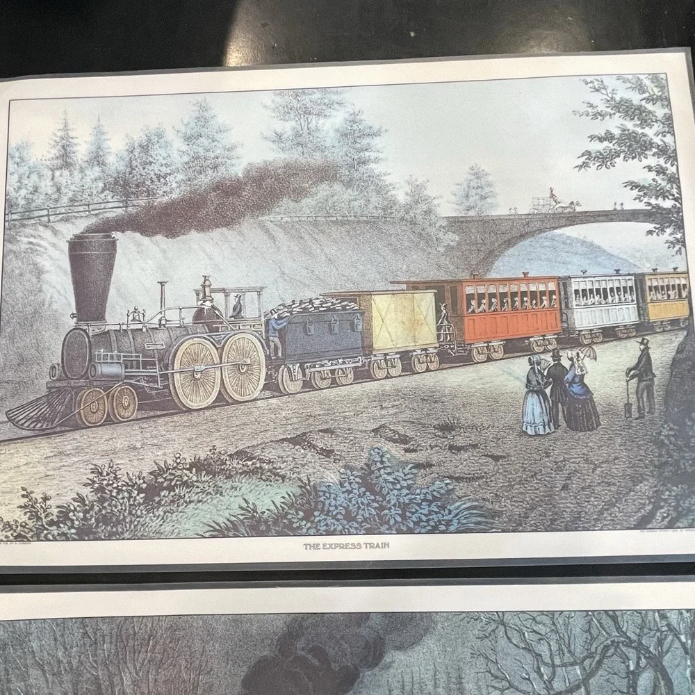 CURRIER & IVES Vintage Laminated Prints Of 1864 Lithograph Trains Placemats Set